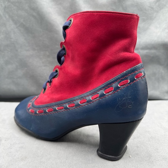 John Fluevog Operetta Bordoni Ankle Boots Women’s 8 Navy & Red Leather - Picture 6 of 16
